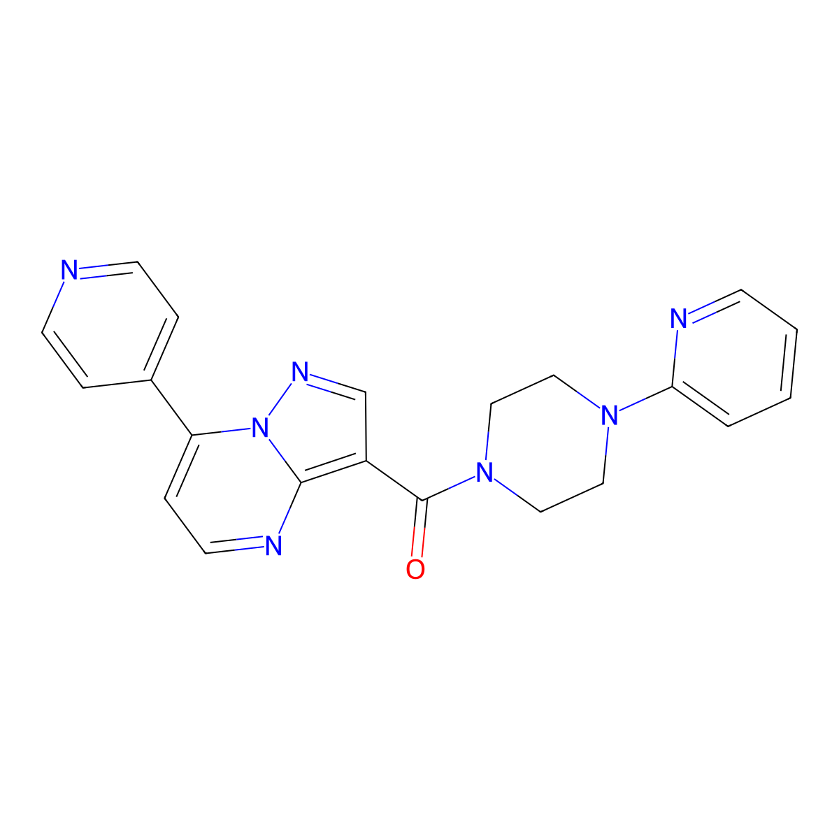 (4-(Pyridin-2-yl)piperazin-1-yl)(7-(pyridin-4-yl)pyrazolo[1,5-a]pyrimidin-3-yl)methanone molecular structure, CAS 1251706-04-3