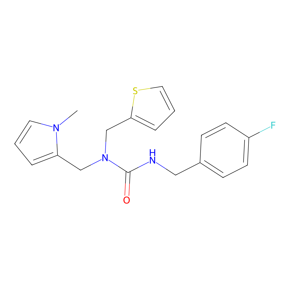 3-(4-fluorobenzyl)-1-((1-methyl-1H-pyrrol-2-yl)methyl)-1-(thiophen-2-ylmethyl)urea molecular structure, CAS 1251706-18-9