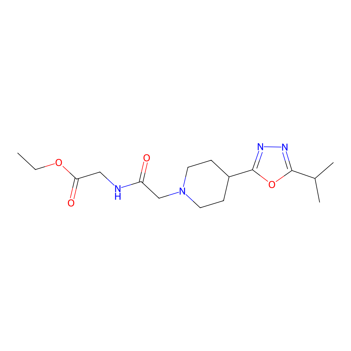 Ethyl 2-(2-{4-[5-(propan-2-yl)-1,3,4-oxadiazol-2-yl]piperidin-1-yl}acetamido)acetate molecular structure, CAS 1251706-26-9