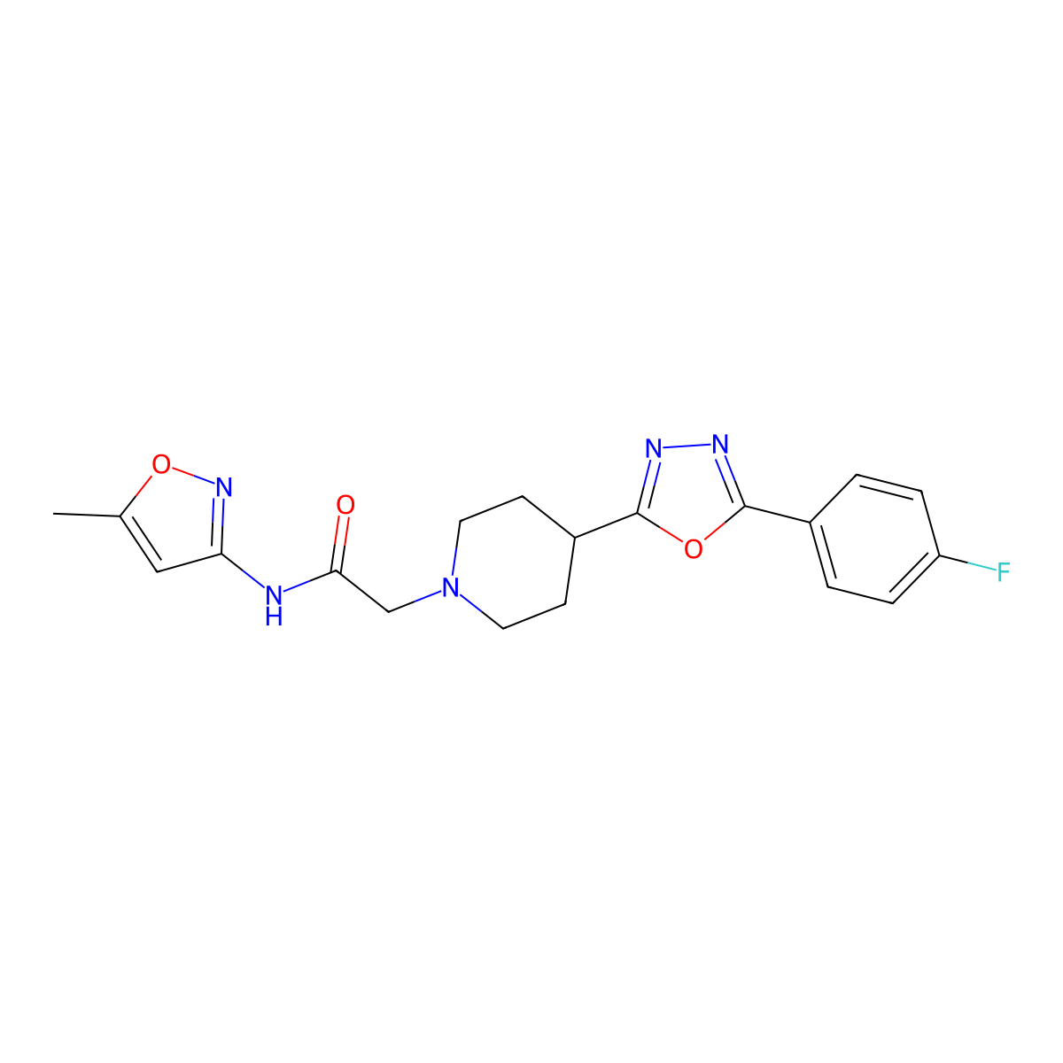 2-(4-(5-(4-fluorophenyl)-1,3,4-oxadiazol-2-yl)piperidin-1-yl)-N-(5-methylisoxazol-3-yl)acetamide molecular structure, CAS 1251706-27-0