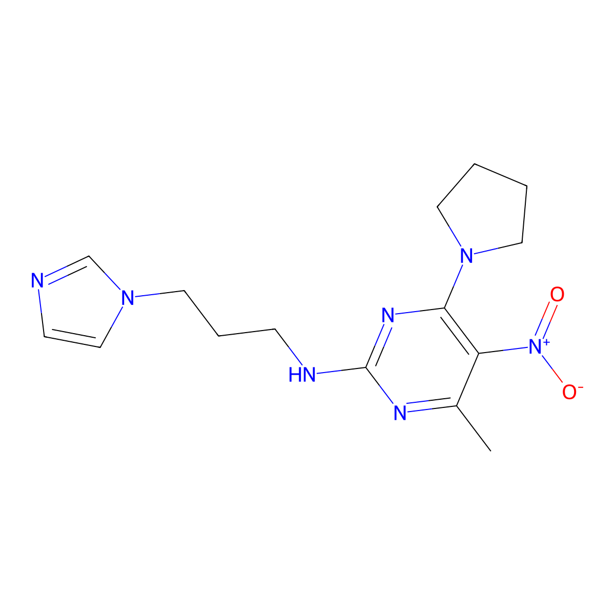 N-[3-(1H-imidazol-1-yl)propyl]-4-methyl-5-nitro-6-(pyrrolidin-1-yl)pyrimidin-2-amine molecular structure, CAS 1251706-28-1