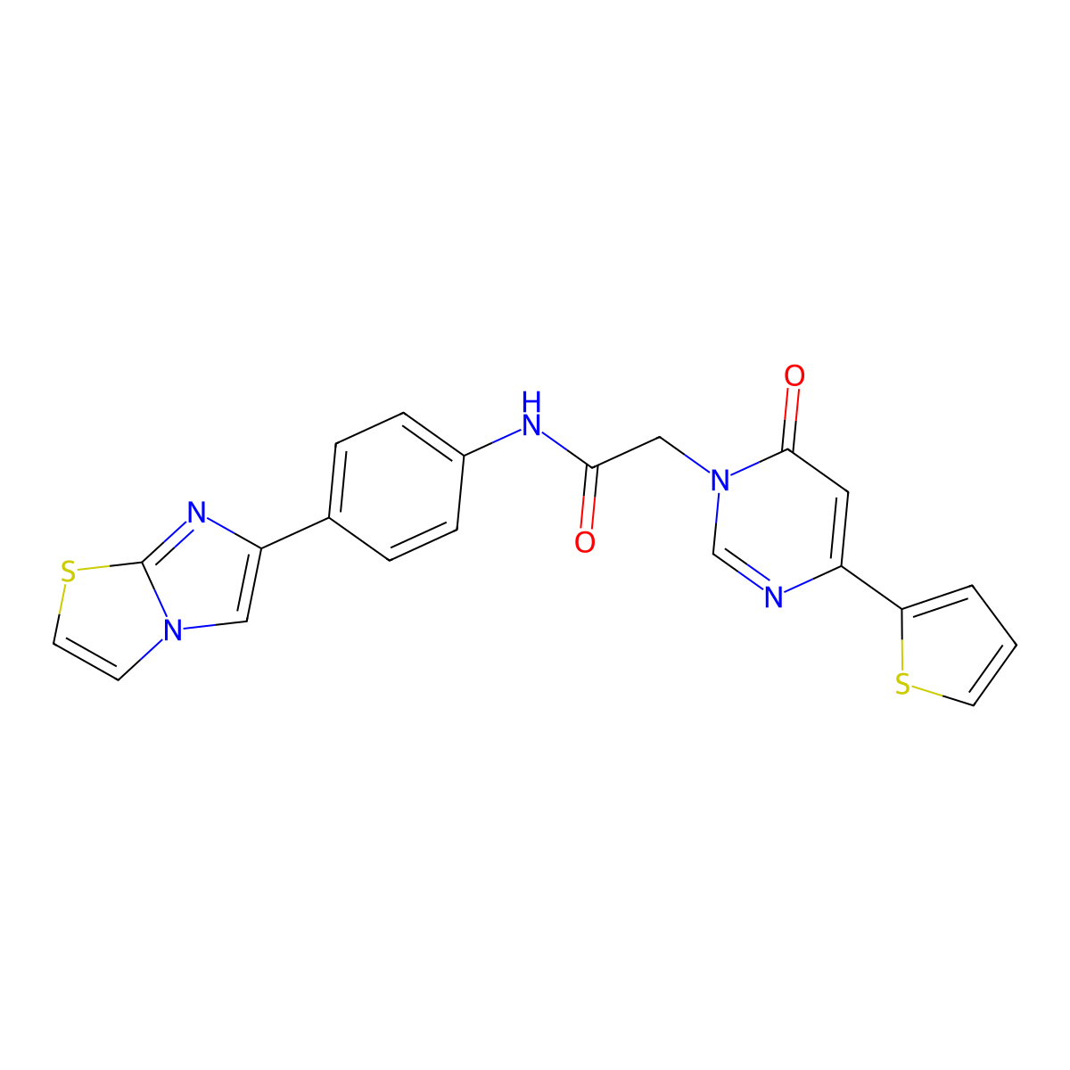 N-(4-(imidazo[2,1-b]thiazol-6-yl)phenyl)-2-(6-oxo-4-(thiophen-2-yl)pyrimidin-1(6H)-yl)acetamide molecular structure, CAS 1251706-43-0