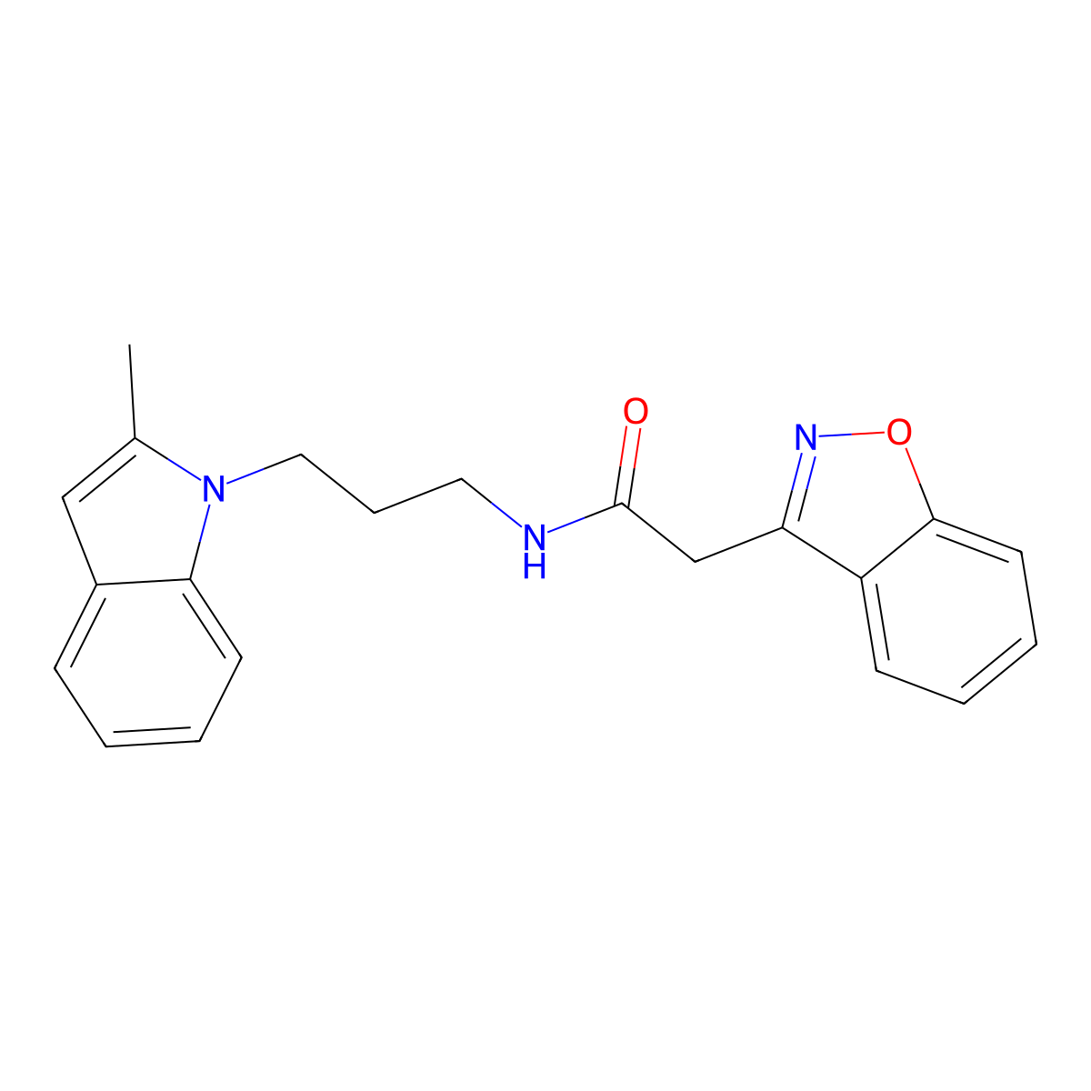 2-(benzo[d]isoxazol-3-yl)-N-(3-(2-methyl-1H-indol-1-yl)propyl)acetamide molecular structure, CAS 1251706-45-2
