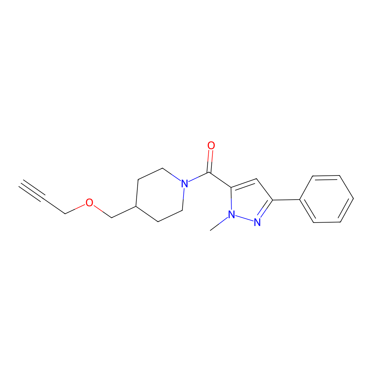 (1-methyl-3-phenyl-1H-pyrazol-5-yl)(4-((prop-2-yn-1-yloxy)methyl)piperidin-1-yl)methanone molecular structure, CAS 1251706-49-6
