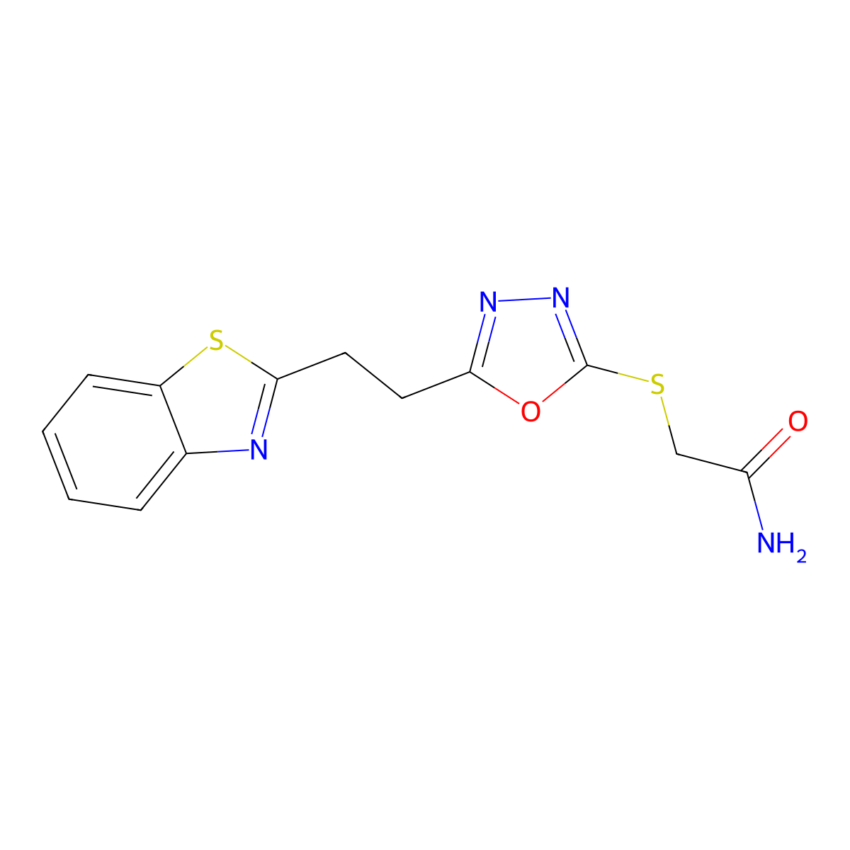 2-((5-(2-(Benzo[d]thiazol-2-yl)ethyl)-1,3,4-oxadiazol-2-yl)thio)acetamide molecular structure, CAS 1251706-51-0