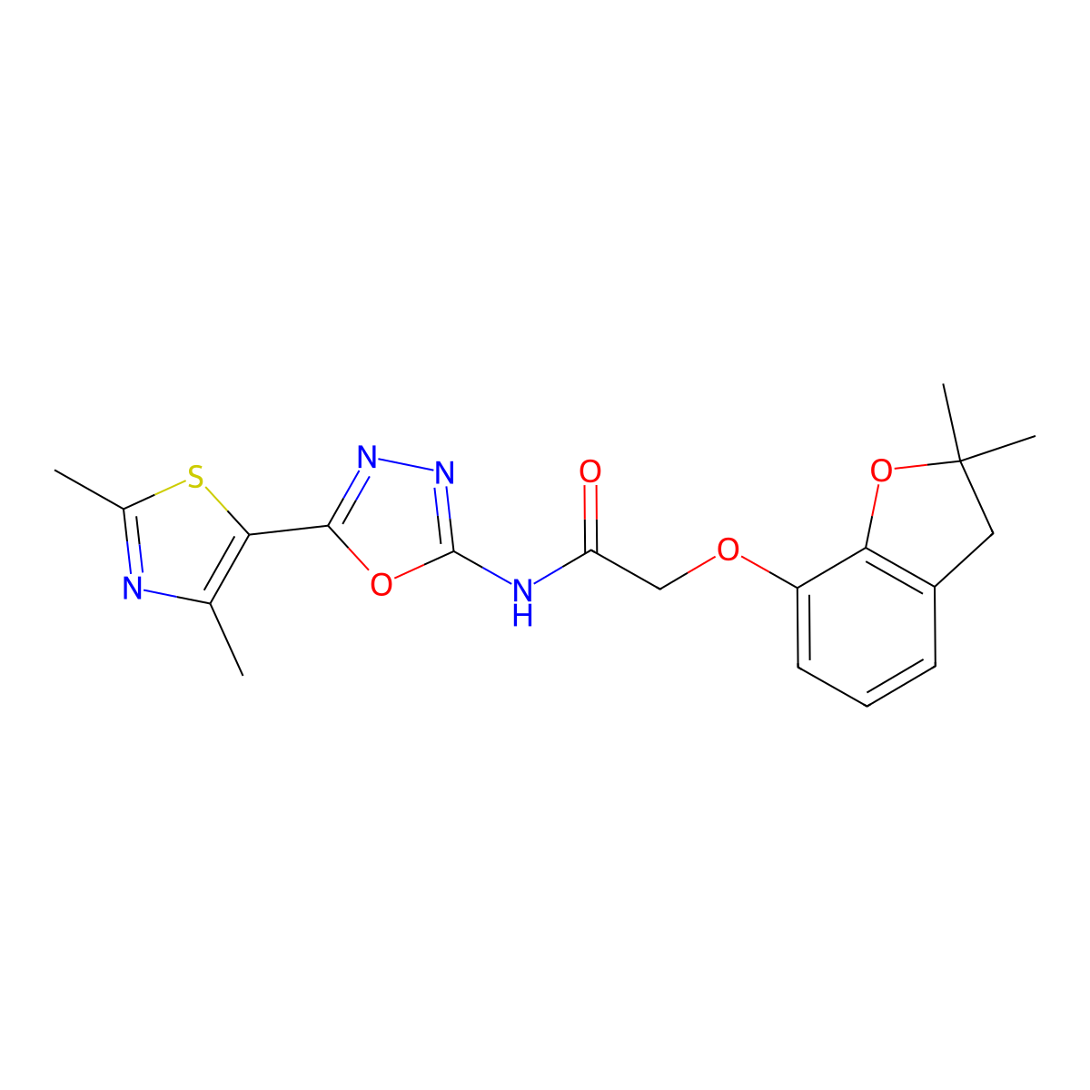 2-((2,2-dimethyl-2,3-dihydrobenzofuran-7-yl)oxy)-N-(5-(2,4-dimethylthiazol-5-yl)-1,3,4-oxadiazol-2-yl)acetamide molecular structure, CAS 1251706-58-7