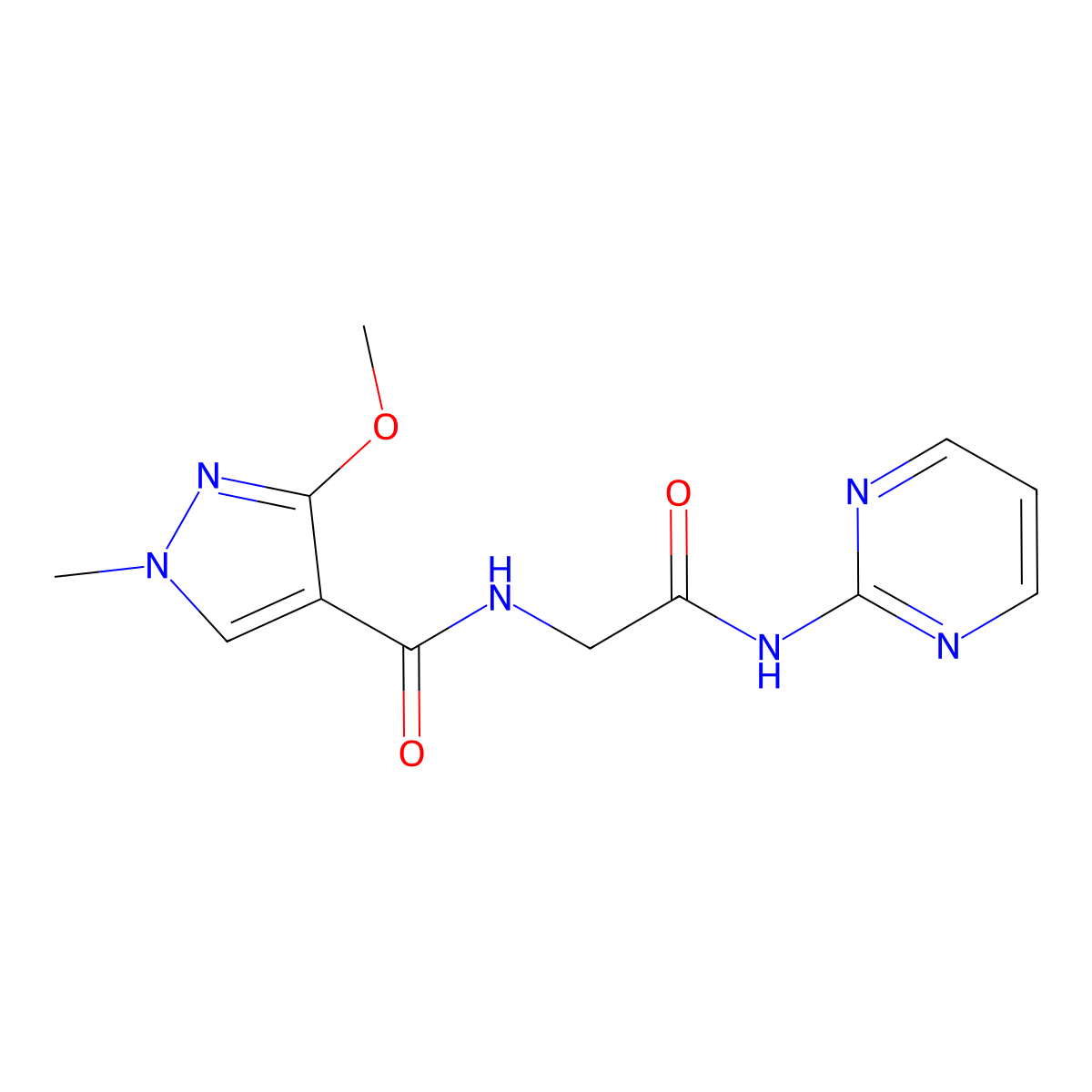 3-methoxy-1-methyl-N-(2-oxo-2-(pyrimidin-2-ylamino)ethyl)-1H-pyrazole-4-carboxamide molecular structure, CAS 1251706-62-3