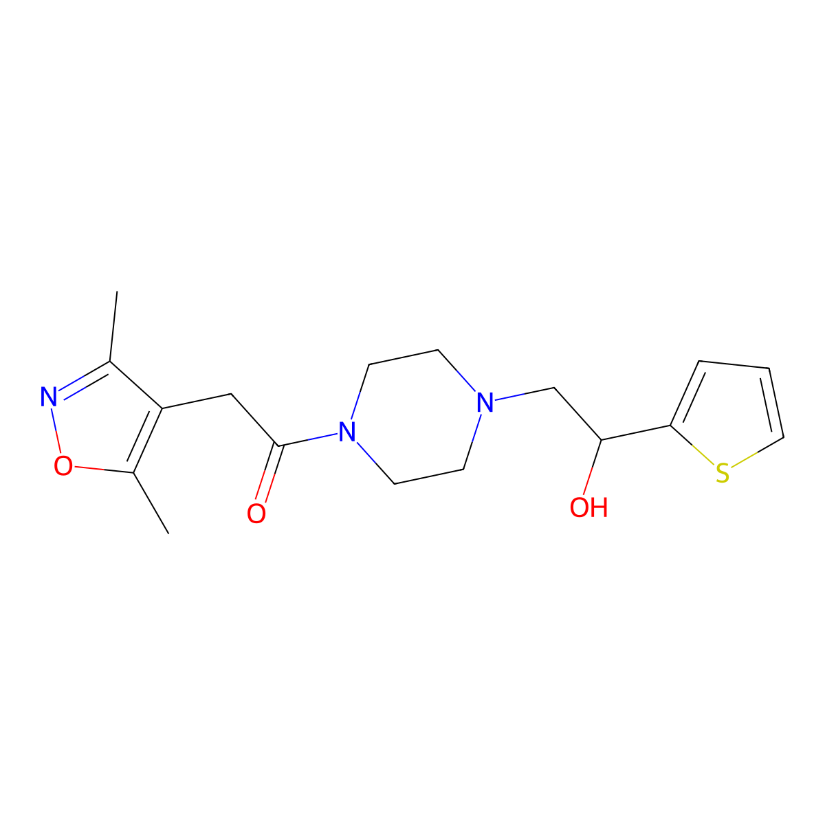 2-(3,5-Dimethylisoxazol-4-yl)-1-(4-(2-hydroxy-2-(thiophen-2-yl)ethyl)piperazin-1-yl)ethanone molecular structure, CAS 1251706-77-0