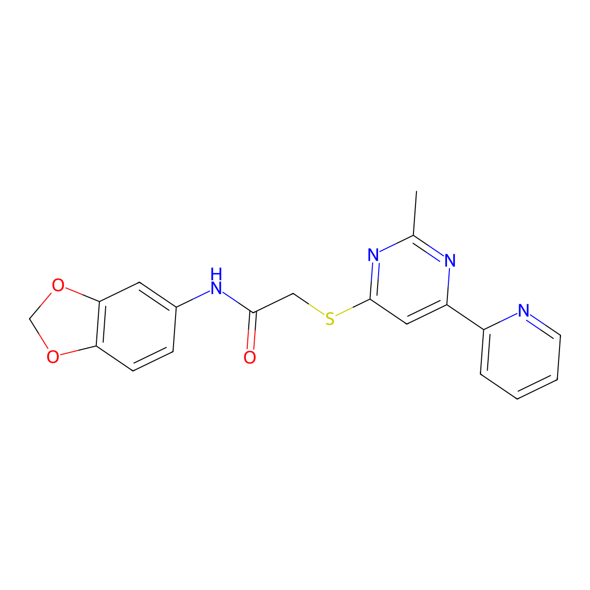 N-(benzo[d][1,3]dioxol-5-yl)-2-((2-methyl-6-(pyridin-2-yl)pyrimidin-4-yl)thio)acetamide molecular structure, CAS 1251706-84-9