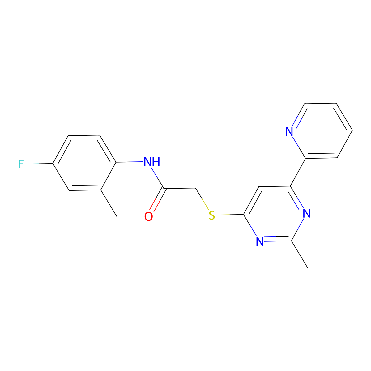 N-(4-fluoro-2-methylphenyl)-2-((2-methyl-6-(pyridin-2-yl)pyrimidin-4-yl)thio)acetamide molecular structure, CAS 1251706-85-0