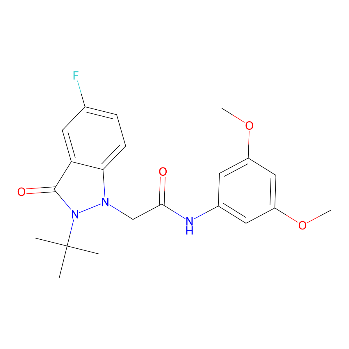2-(2-(tert-butyl)-5-fluoro-3-oxo-2,3-dihydro-1H-indazol-1-yl)-N-(3,5-dimethoxyphenyl)acetamide molecular structure, CAS 1251706-90-7