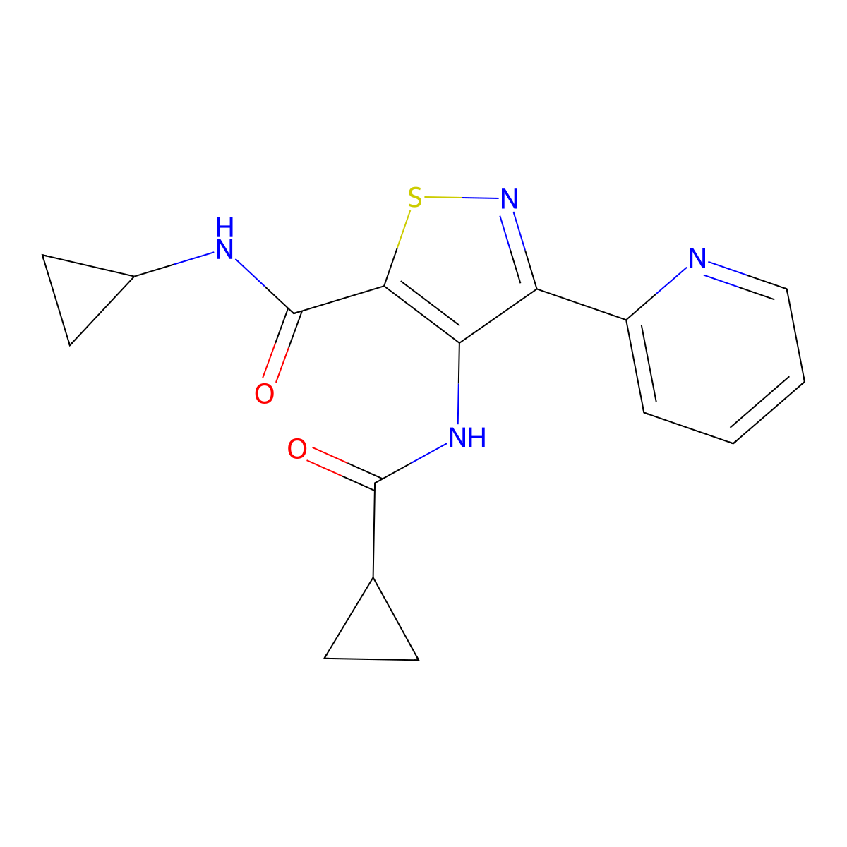 4-cyclopropaneamido-N-cyclopropyl-3-(pyridin-2-yl)-1,2-thiazole-5-carboxamide molecular structure, CAS 1251706-98-5