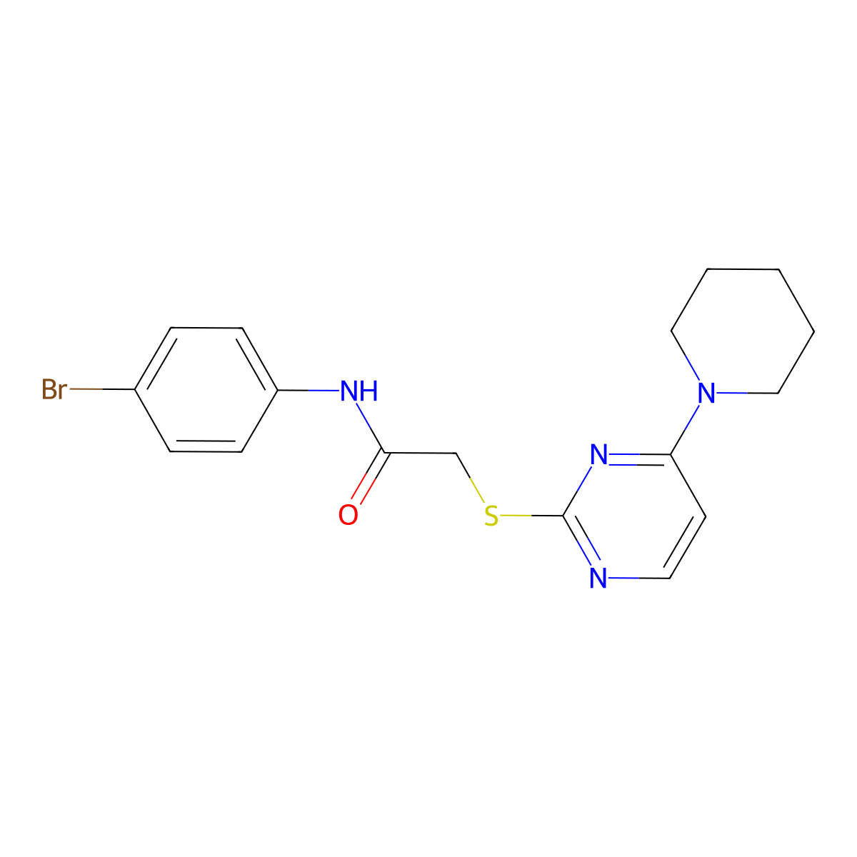 N-(4-bromophenyl)-2-((4-(piperidin-1-yl)pyrimidin-2-yl)thio)acetamide molecular structure, CAS 1251707-34-2