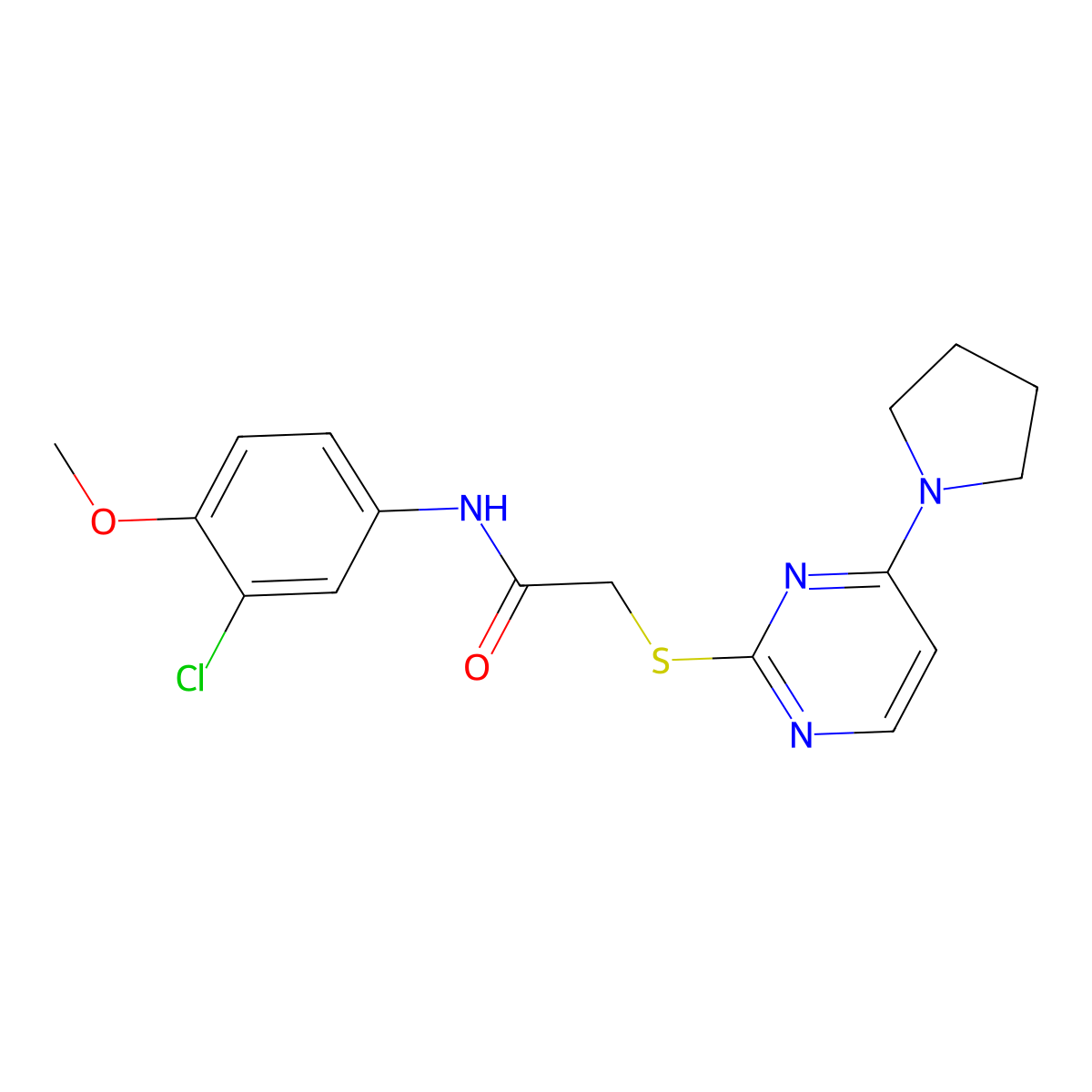 N-(3-chloro-4-methoxyphenyl)-2-((4-(pyrrolidin-1-yl)pyrimidin-2-yl)thio)acetamide molecular structure, CAS 1251707-35-3