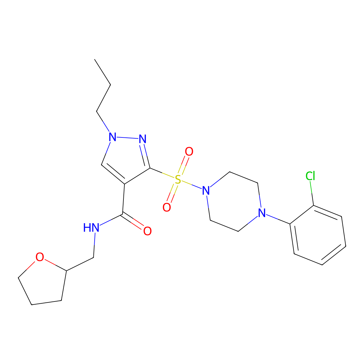 3-((4-(2-chlorophenyl)piperazin-1-yl)sulfonyl)-1-propyl-N-((tetrahydrofuran-2-yl)methyl)-1H-pyrazole-4-carboxamide molecular structure, CAS 1251707-48-8
