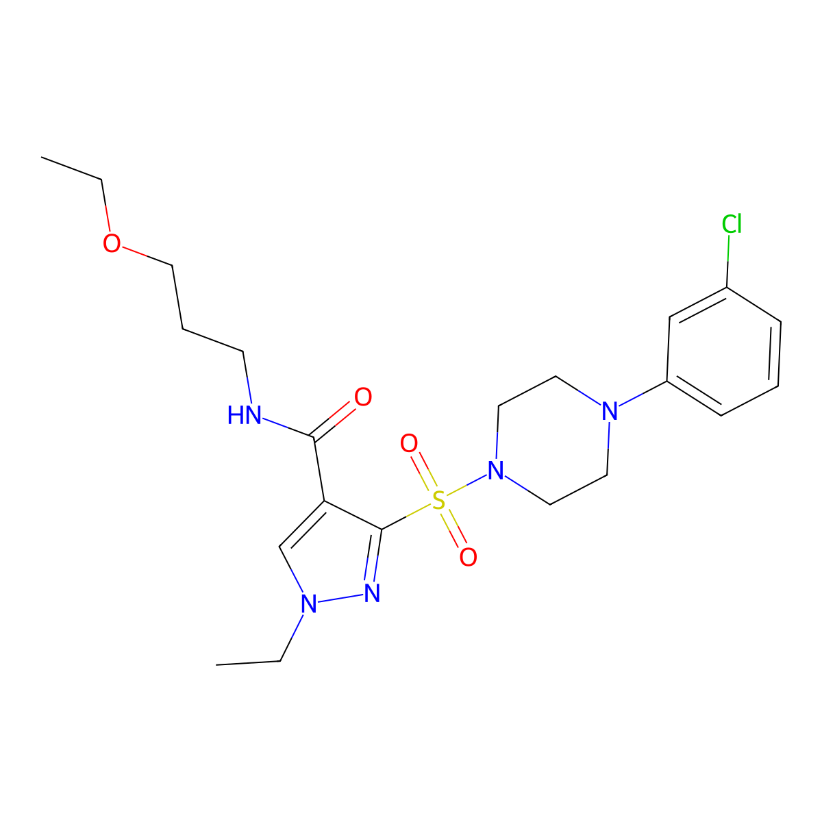 3-{[4-(3-chlorophenyl)piperazin-1-yl]sulfonyl}-N-(3-ethoxypropyl)-1-ethyl-1H-pyrazole-4-carboxamide molecular structure, CAS 1251707-50-2