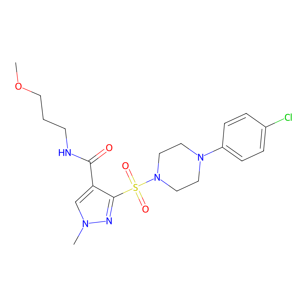 3-{[4-(4-chlorophenyl)piperazin-1-yl]sulfonyl}-N-(3-methoxypropyl)-1-methyl-1H-pyrazole-4-carboxamide molecular structure, CAS 1251707-52-4
