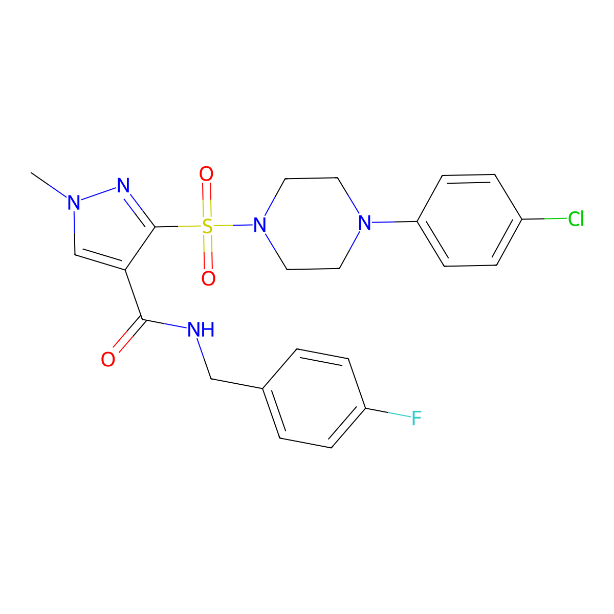 3-{[4-(4-chlorophenyl)piperazin-1-yl]sulfonyl}-N-[(4-fluorophenyl)methyl]-1-methyl-1H-pyrazole-4-carboxamide molecular structure, CAS 1251707-53-5
