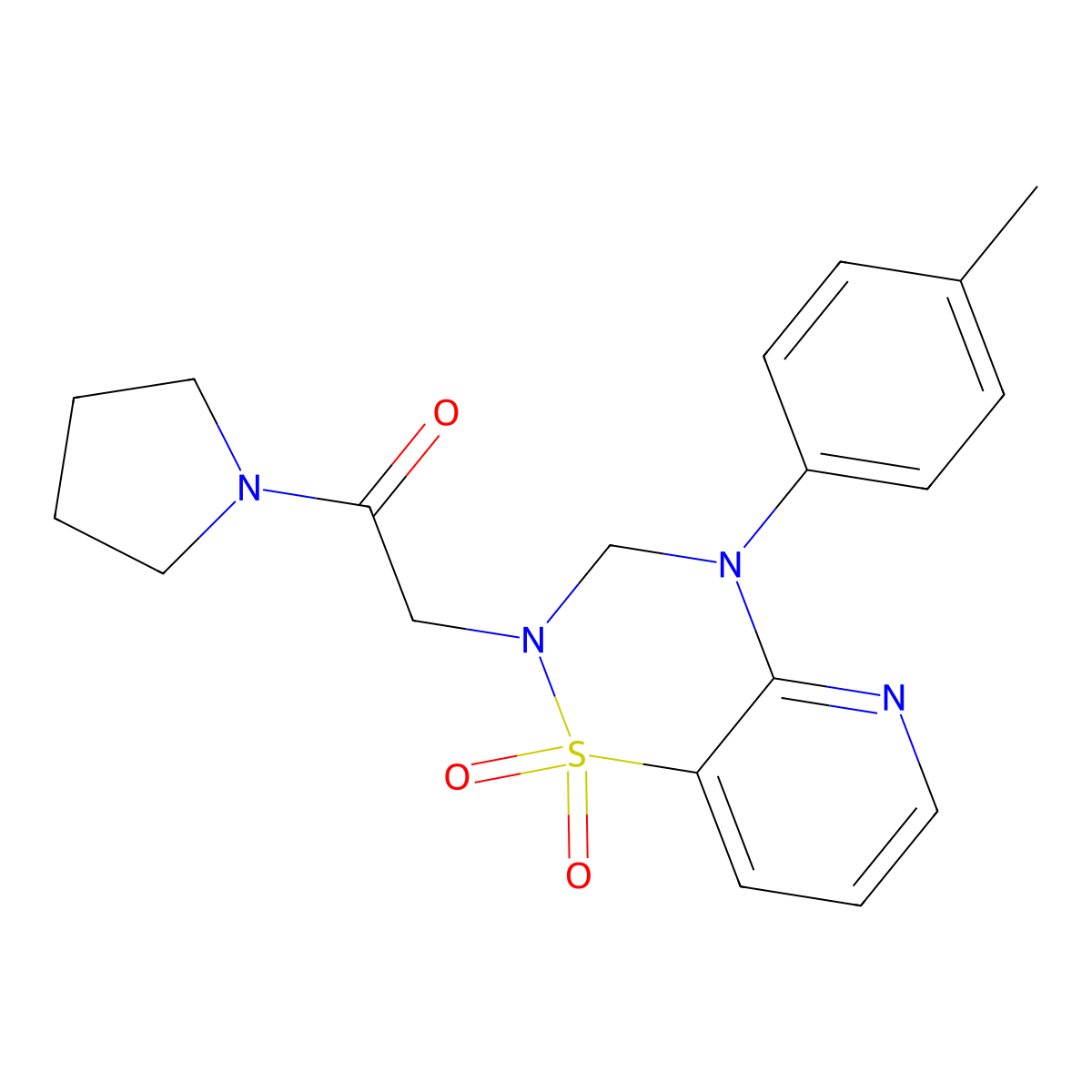 2-(1,1-dioxido-4-(p-tolyl)-3,4-dihydro-2H-pyrido[2,3-e][1,2,4]thiadiazin-2-yl)-1-(pyrrolidin-1-yl)ethanone molecular structure, CAS 1251707-78-4