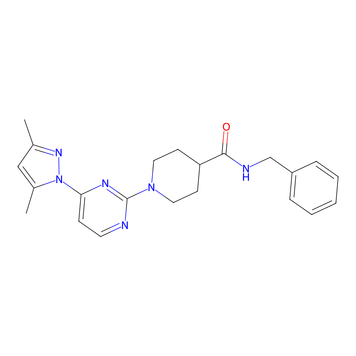 N-benzyl-1-[4-(3,5-dimethyl-1H-pyrazol-1-yl)pyrimidin-2-yl]piperidine-4-carboxamide molecular structure, CAS 1251707-86-4