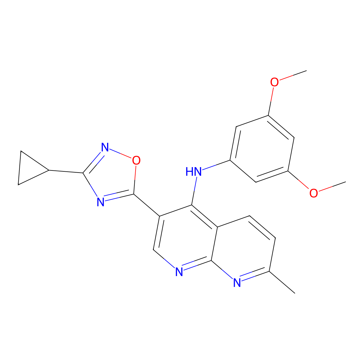 3-(3-cyclopropyl-1,2,4-oxadiazol-5-yl)-N-(3,5-dimethoxyphenyl)-7-methyl-1,8-naphthyridin-4-amine molecular structure, CAS 1251707-95-5