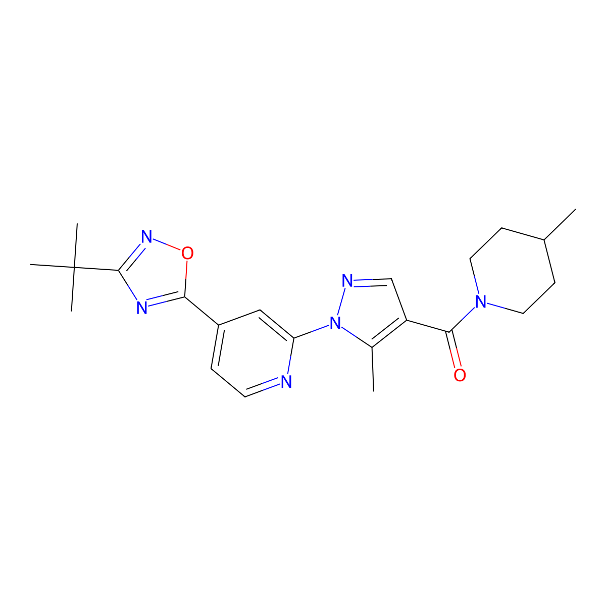 4-(3-tert-butyl-1,2,4-oxadiazol-5-yl)-2-[5-methyl-4-(4-methylpiperidine-1-carbonyl)-1H-pyrazol-1-yl]pyridine molecular structure, CAS 1251707-98-8