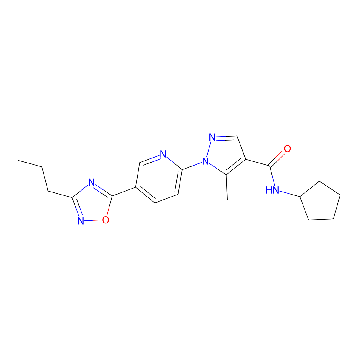 N-cyclopentyl-5-methyl-1-[5-(3-propyl-1,2,4-oxadiazol-5-yl)pyridin-2-yl]-1H-pyrazole-4-carboxamide molecular structure, CAS 1251707-99-9