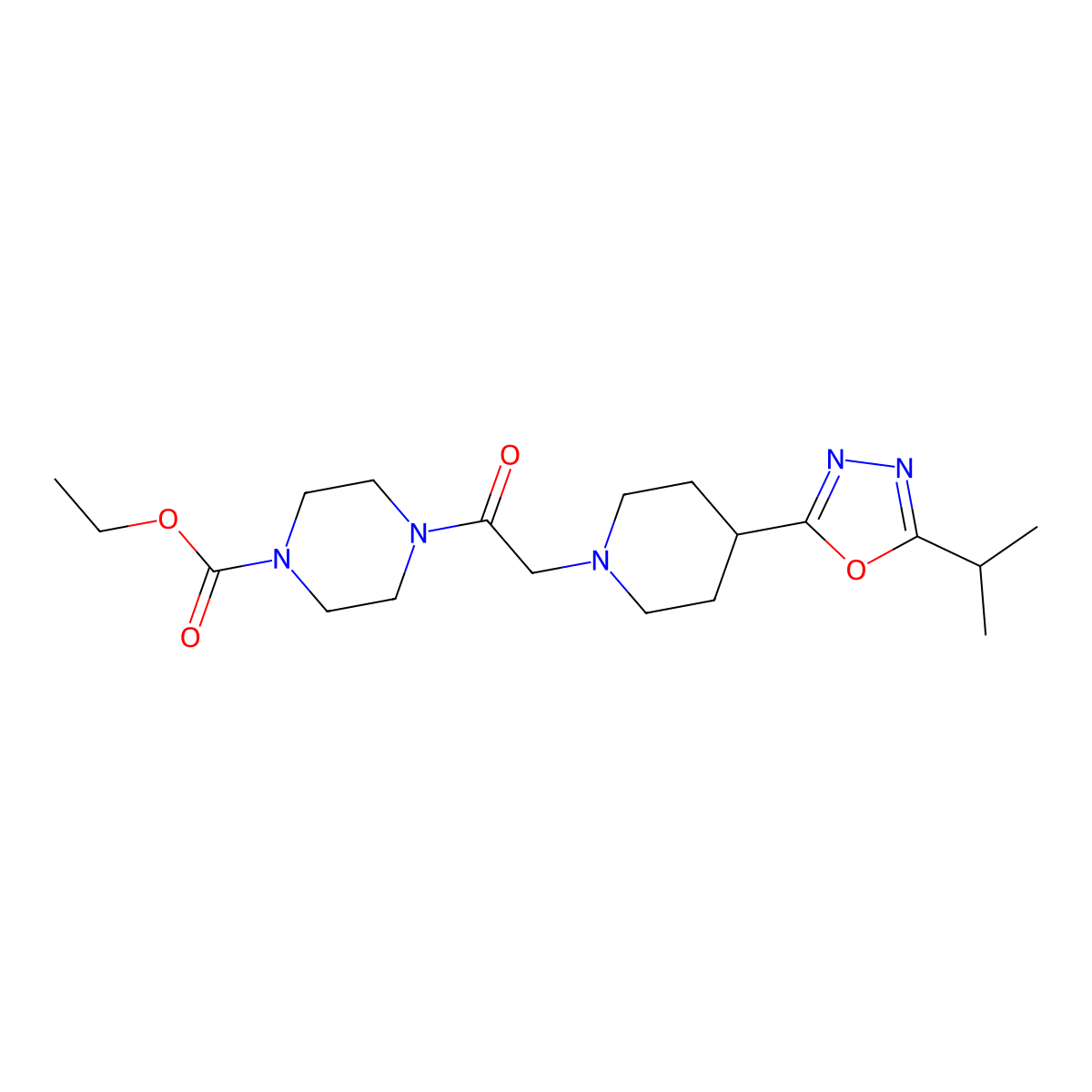 Ethyl 4-(2-(4-(5-isopropyl-1,3,4-oxadiazol-2-yl)piperidin-1-yl)acetyl)piperazine-1-carboxylate molecular structure, CAS 1251708-35-6