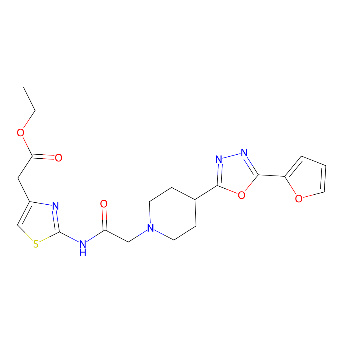 Ethyl 2-(2-(2-(4-(5-(furan-2-yl)-1,3,4-oxadiazol-2-yl)piperidin-1-yl)acetamido)thiazol-4-yl)acetate molecular structure, CAS 1251708-36-7