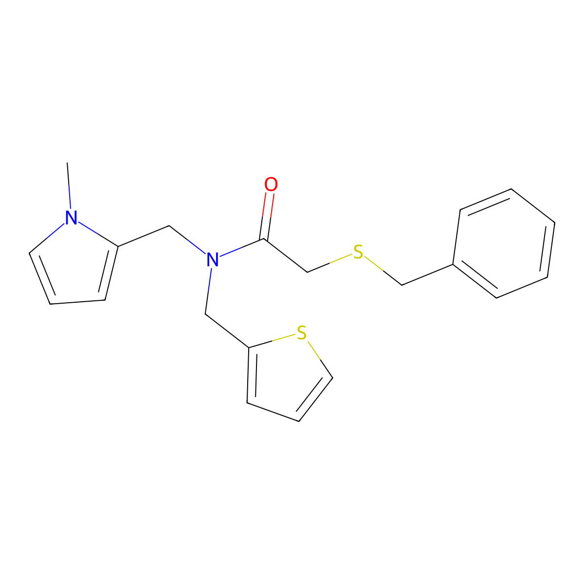 2-(benzylsulfanyl)-N-[(1-methyl-1H-pyrrol-2-yl)methyl]-N-[(thiophen-2-yl)methyl]acetamide molecular structure, CAS 1251708-45-8