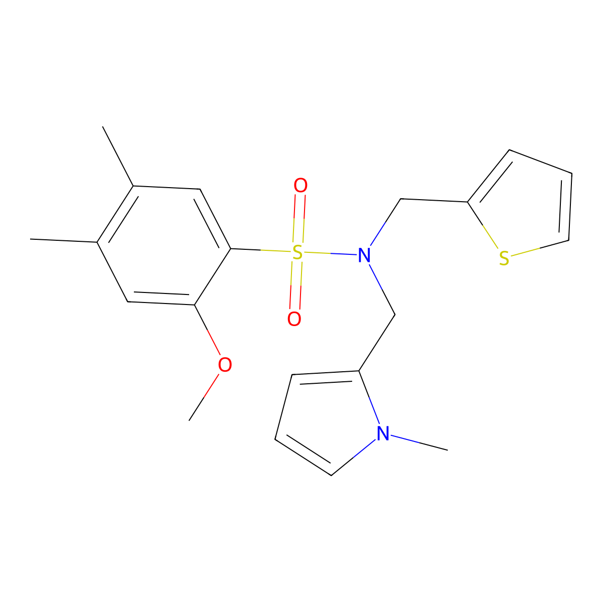 2-methoxy-4,5-dimethyl-N-((1-methyl-1H-pyrrol-2-yl)methyl)-N-(thiophen-2-ylmethyl)benzenesulfonamide molecular structure, CAS 1251708-47-0
