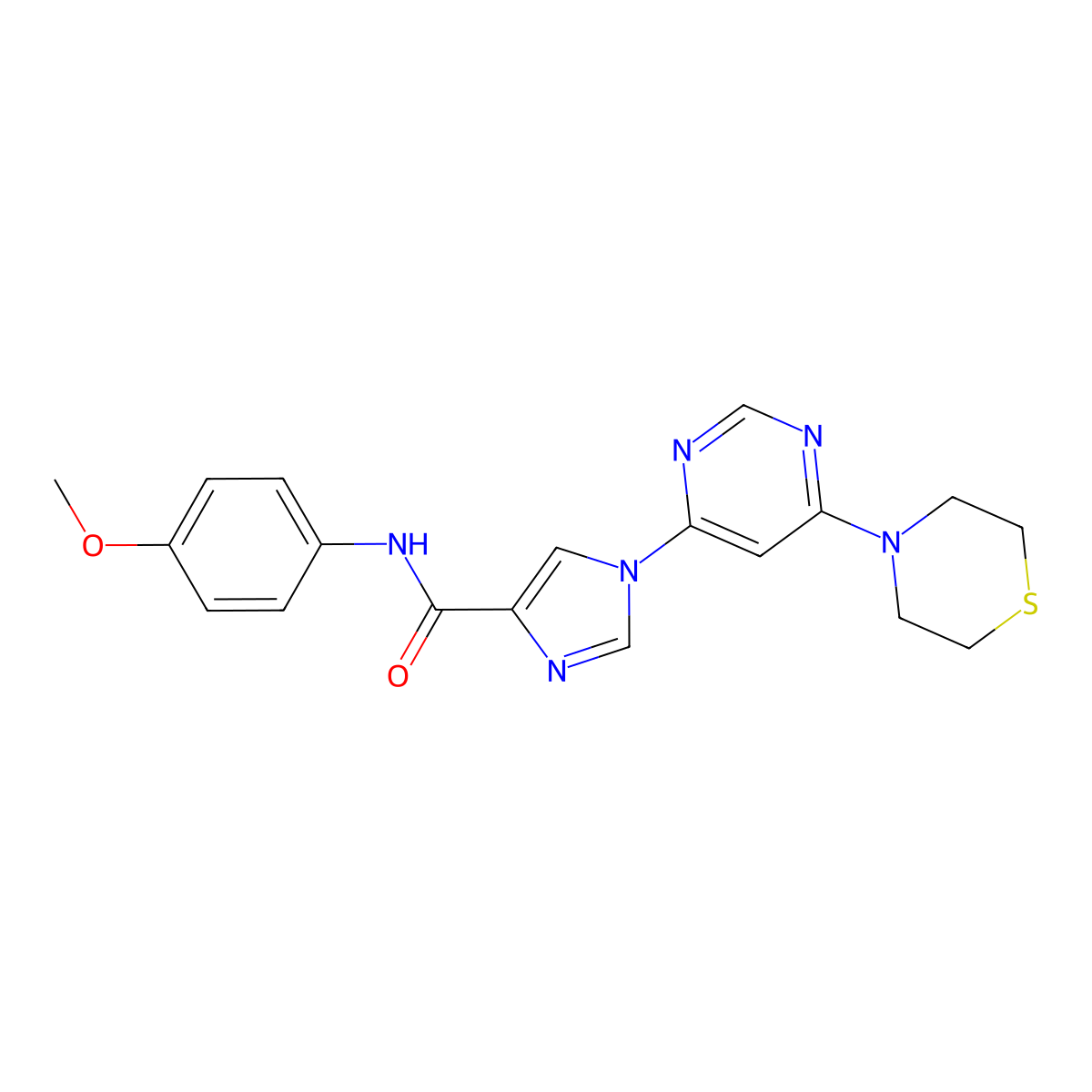 N-(4-methoxyphenyl)-1-[6-(thiomorpholin-4-yl)pyrimidin-4-yl]-1H-imidazole-4-carboxamide molecular structure, CAS 1251708-70-9
