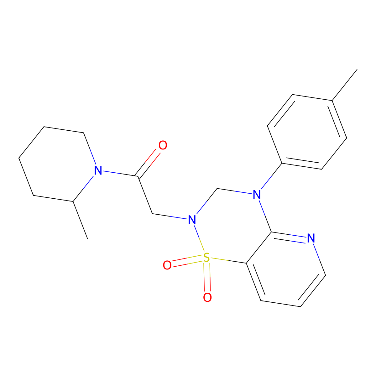 2-(1,1-dioxido-4-(p-tolyl)-3,4-dihydro-2H-pyrido[2,3-e][1,2,4]thiadiazin-2-yl)-1-(2-methylpiperidin-1-yl)ethanone molecular structure, CAS 1251708-74-3