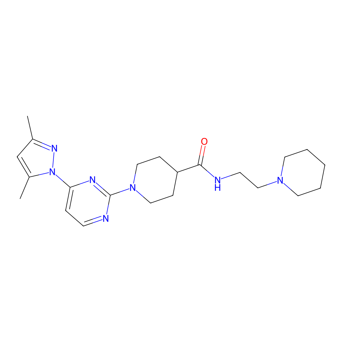 1-[4-(3,5-dimethyl-1H-pyrazol-1-yl)-2-pyrimidinyl]-N~4~-(2-piperidinoethyl)-4-piperidinecarboxamide molecular structure, CAS 1251708-77-6