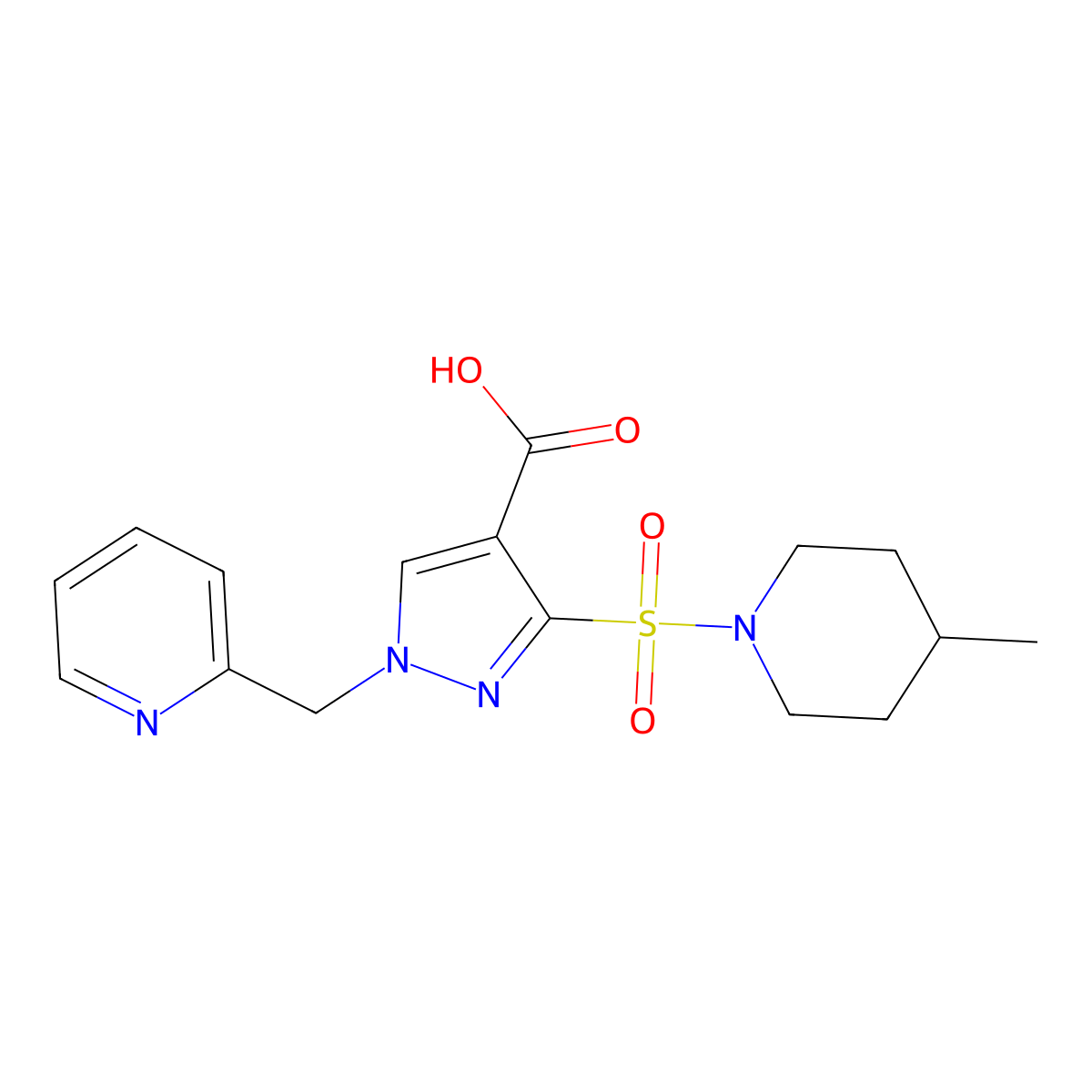 3-((4-methylpiperidin-1-yl)sulfonyl)-1-(pyridin-2-ylmethyl)-1H-pyrazole-4-carboxylic acid molecular structure, CAS 1251708-78-7