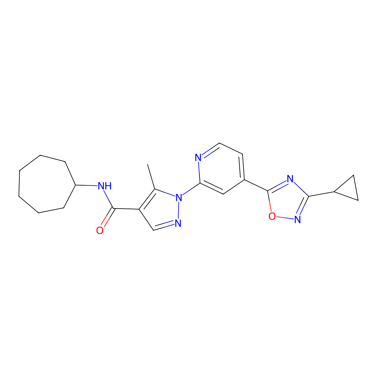 N-cycloheptyl-1-[4-(3-cyclopropyl-1,2,4-oxadiazol-5-yl)pyridin-2-yl]-5-methyl-1H-pyrazole-4-carboxamide molecular structure, CAS 1251708-88-9