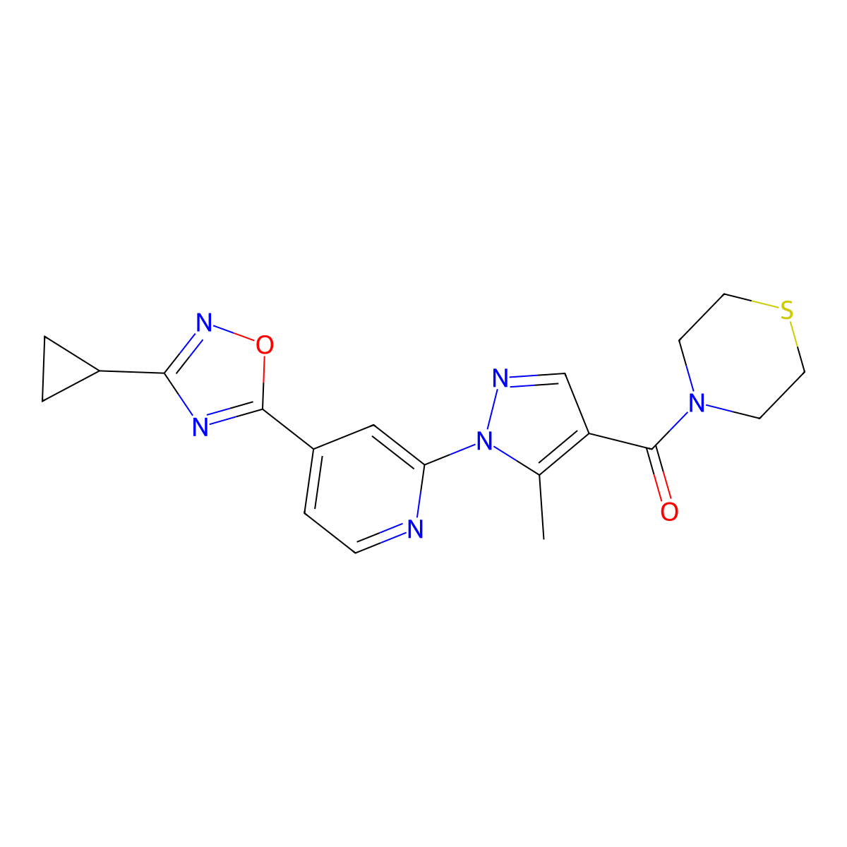 (1-(4-(3-cyclopropyl-1,2,4-oxadiazol-5-yl)pyridin-2-yl)-5-methyl-1H-pyrazol-4-yl)(thiomorpholino)methanone molecular structure, CAS 1251708-89-0
