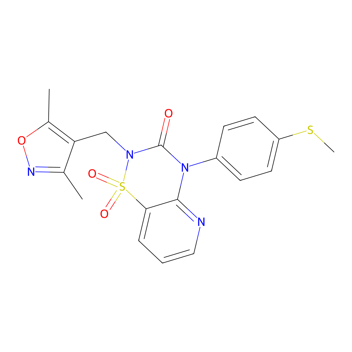 2-((3,5-dimethylisoxazol-4-yl)methyl)-4-(4-(methylthio)phenyl)-2H-pyrido[2,3-e][1,2,4]thiadiazin-3(4H)-one 1,1-dioxide molecular structure, CAS 1251708-99-2