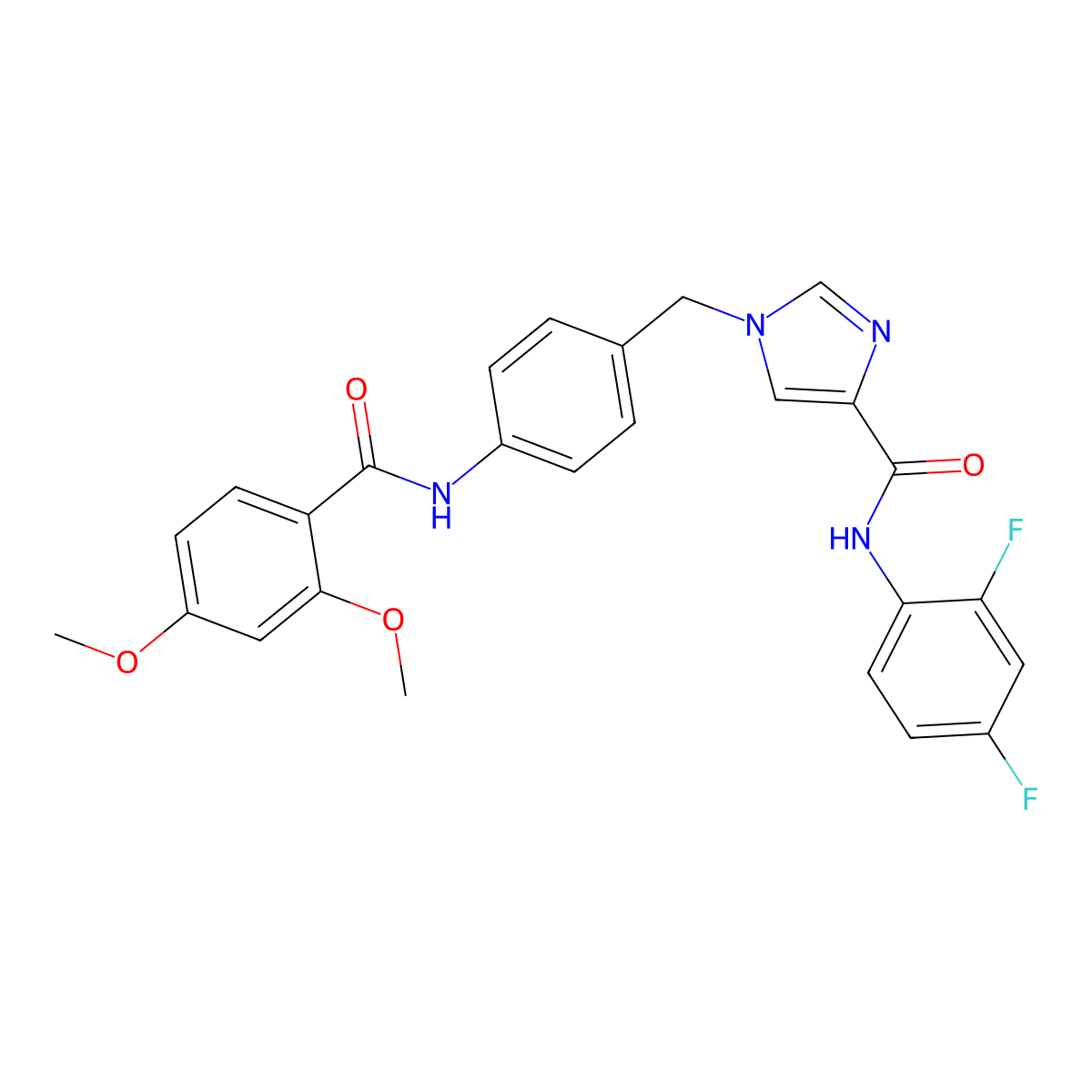 N-(2,4-difluorophenyl)-1-(4-(2,4-dimethoxybenzamido)benzyl)-1H-imidazole-4-carboxamide molecular structure, CAS 1251709-47-3