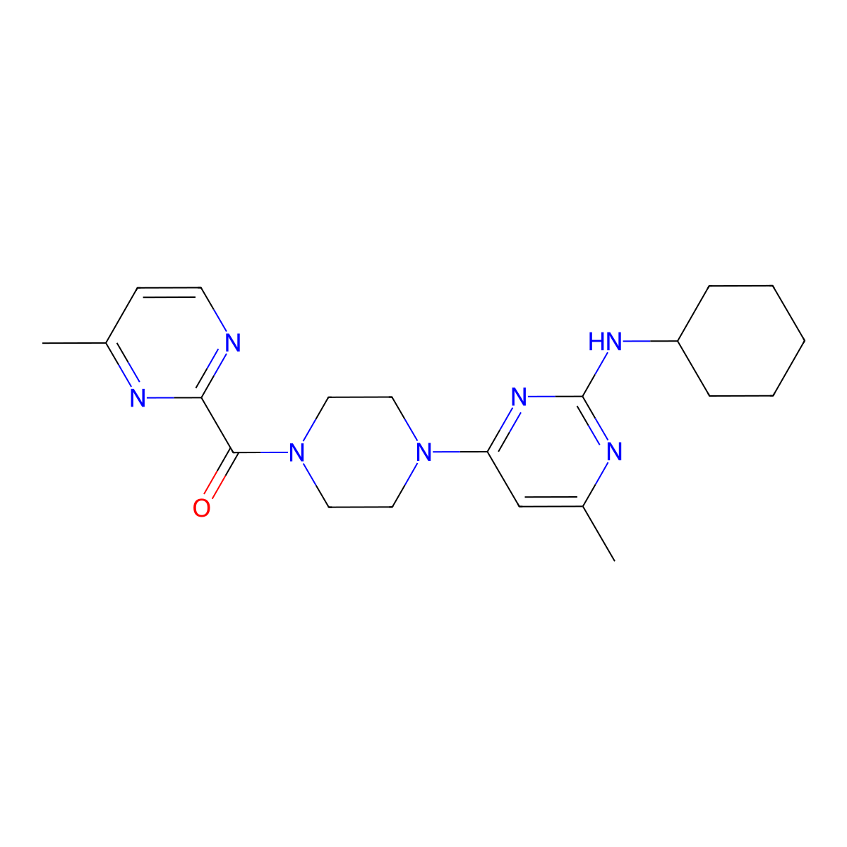 (4-(2-(Cyclohexylamino)-6-methylpyrimidin-4-yl)piperazin-1-yl)(4-methylpyrimidin-2-yl)methanone molecular structure, CAS 1251709-82-6