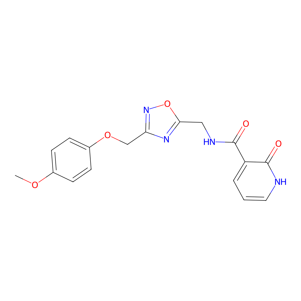 N-((3-((4-methoxyphenoxy)methyl)-1,2,4-oxadiazol-5-yl)methyl)-2-oxo-1,2-dihydropyridine-3-carboxamide molecular structure, CAS 1251709-85-9