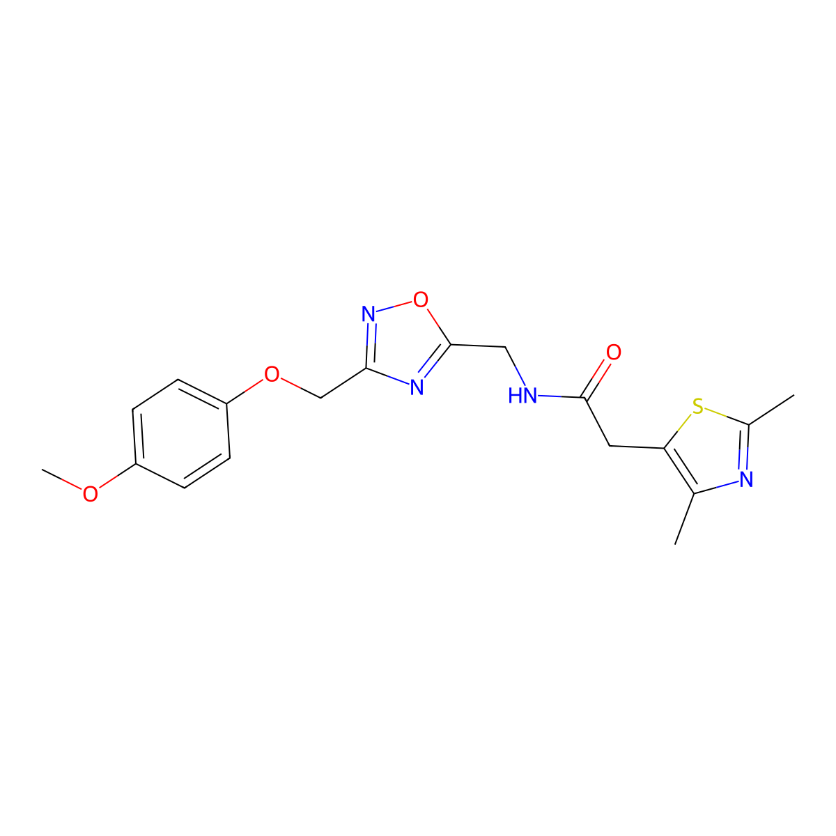 2-(2,4-dimethylthiazol-5-yl)-N-((3-((4-methoxyphenoxy)methyl)-1,2,4-oxadiazol-5-yl)methyl)acetamide molecular structure, CAS 1251709-87-1