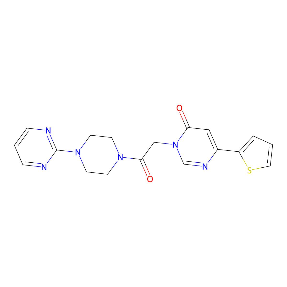 3-(2-oxo-2-(4-(pyrimidin-2-yl)piperazin-1-yl)ethyl)-6-(thiophen-2-yl)pyrimidin-4(3H)-one molecular structure, CAS 1251709-93-9