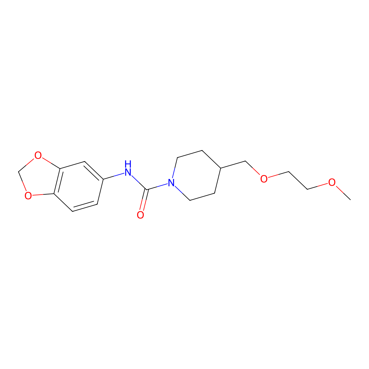 N-(benzo[d][1,3]dioxol-5-yl)-4-((2-methoxyethoxy)methyl)piperidine-1-carboxamide molecular structure, CAS 1251709-94-0