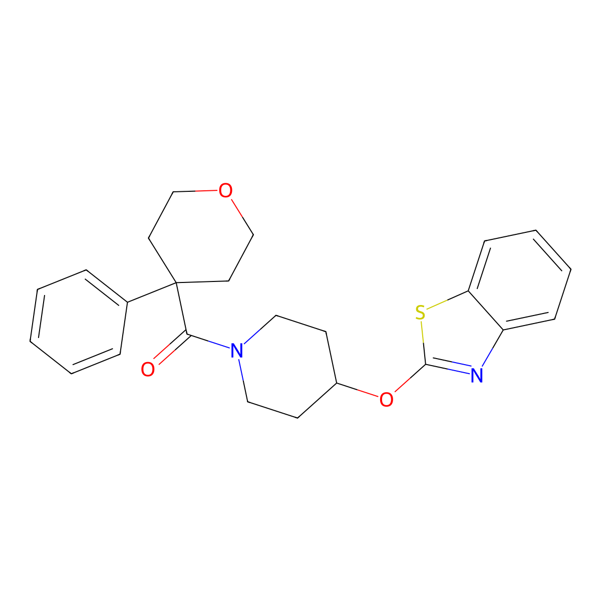 (4-(benzo[d]thiazol-2-yloxy)piperidin-1-yl)(4-phenyltetrahydro-2H-pyran-4-yl)methanone molecular structure, CAS 1251709-95-1
