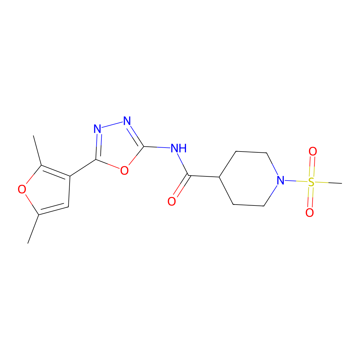N-(5-(2,5-dimethylfuran-3-yl)-1,3,4-oxadiazol-2-yl)-1-(methylsulfonyl)piperidine-4-carboxamide molecular structure, CAS 1251709-98-4