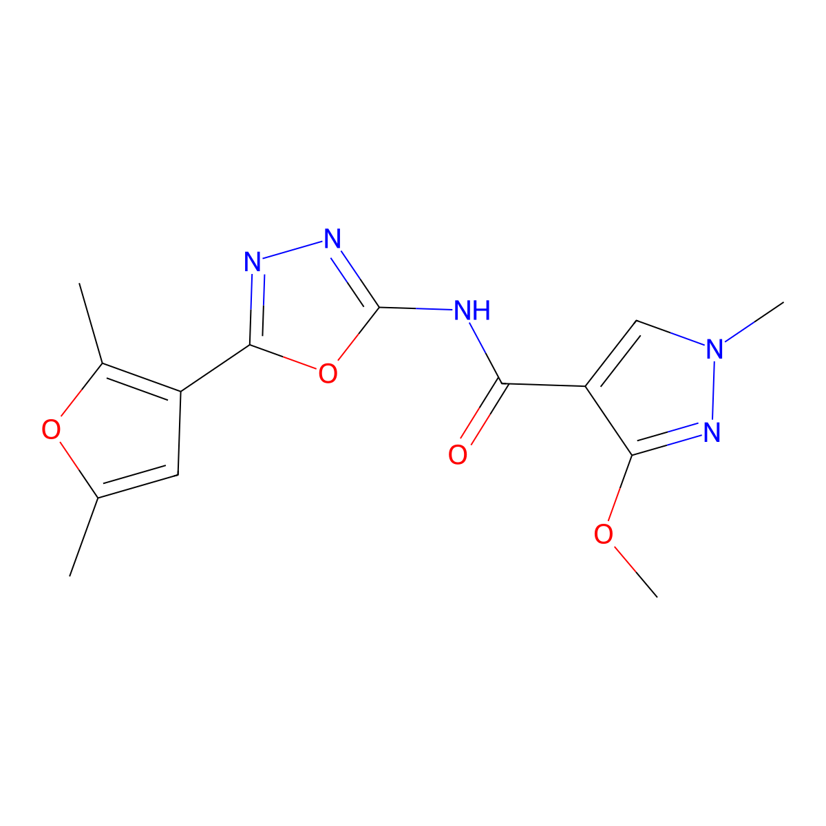 N-[5-(2,5-dimethylfuran-3-yl)-1,3,4-oxadiazol-2-yl]-3-methoxy-1-methyl-1H-pyrazole-4-carboxamide molecular structure, CAS 1251709-99-5