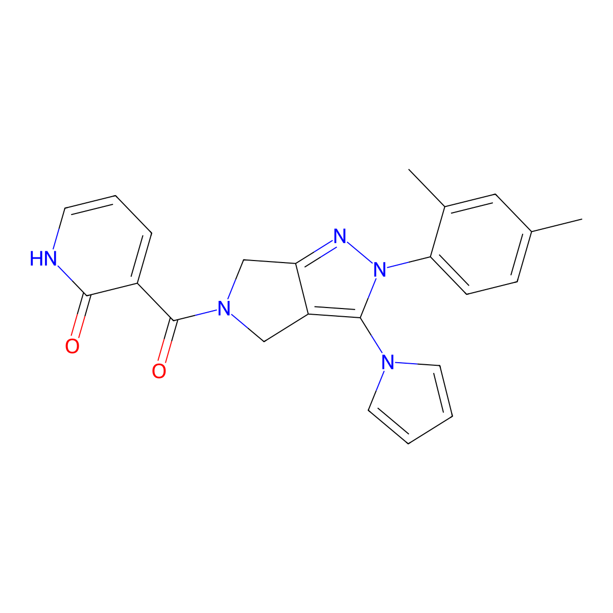 3-(2-(2,4-dimethylphenyl)-3-(1H-pyrrol-1-yl)-2,4,5,6-tetrahydropyrrolo[3,4-c]pyrazole-5-carbonyl)pyridin-2(1H)-one molecular structure, CAS 1251710-04-9
