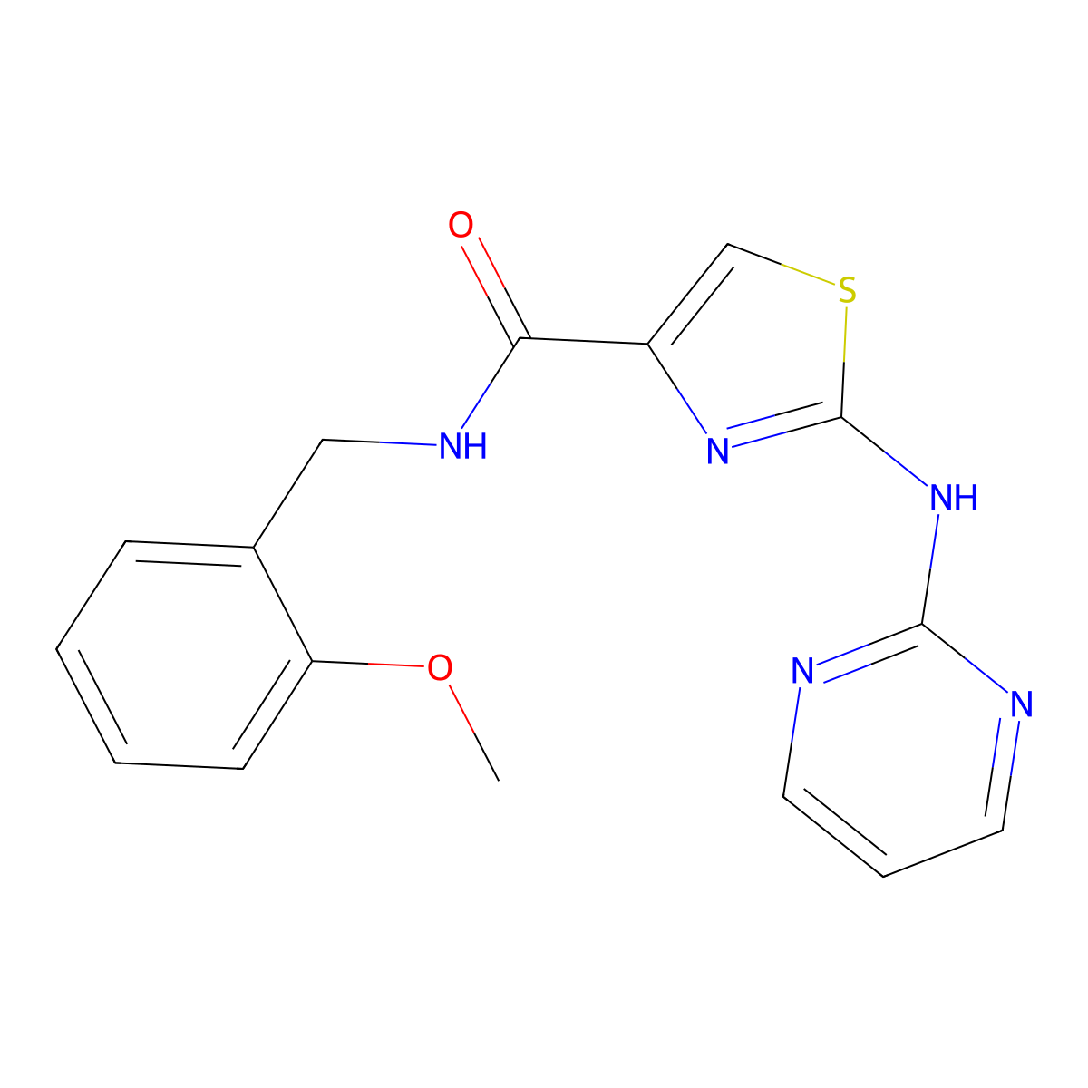 N-(2-methoxybenzyl)-2-(pyrimidin-2-ylamino)thiazole-4-carboxamide molecular structure, CAS 1251710-21-0