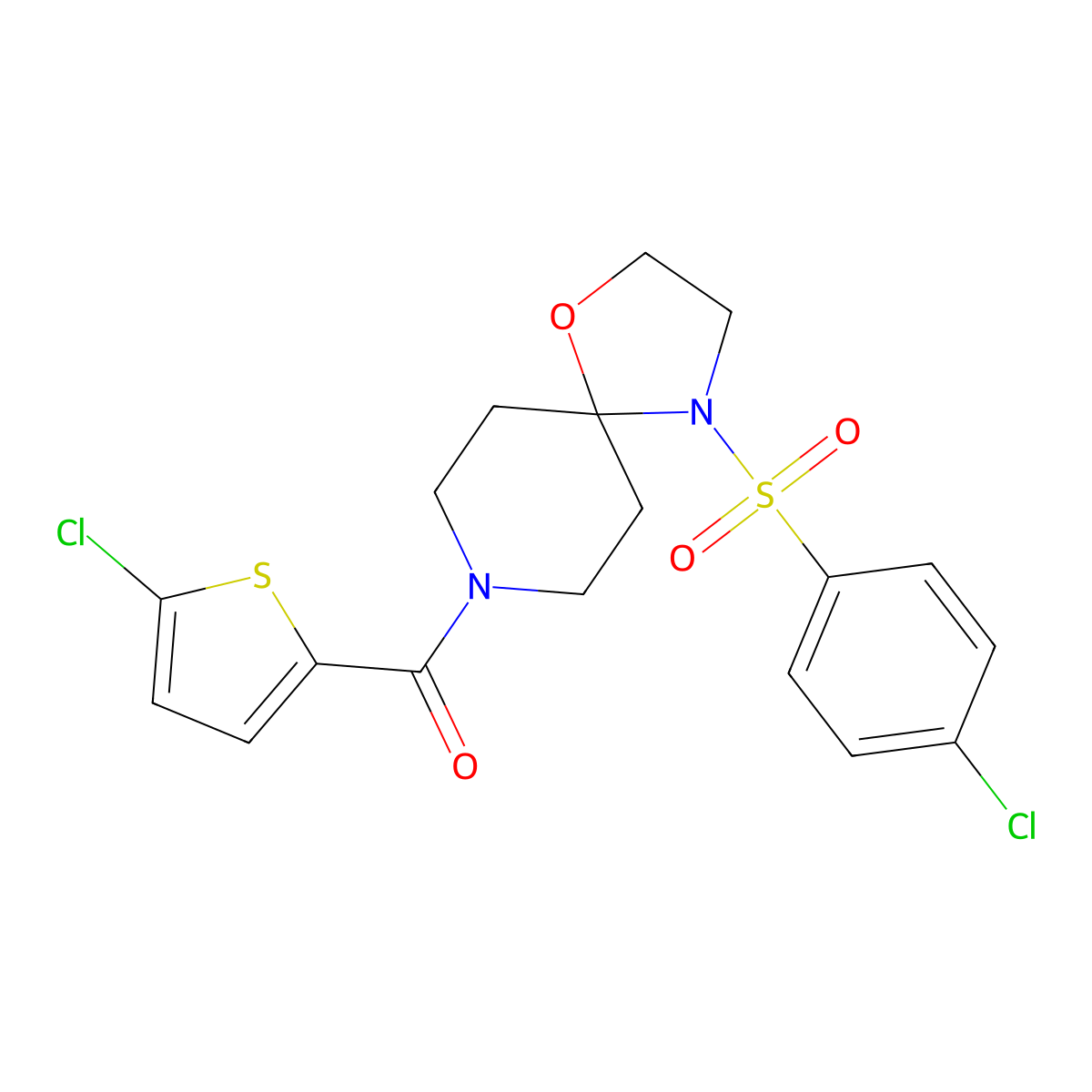 (4-((4-Chlorophenyl)sulfonyl)-1-oxa-4,8-diazaspiro[4.5]decan-8-yl)(5-chlorothiophen-2-yl)methanone molecular structure, CAS 1251710-32-3
